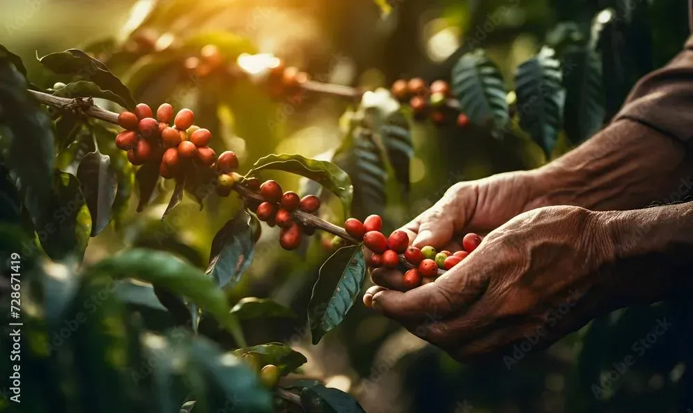 Farmers harvesting ripe Yunnan coffee cherries