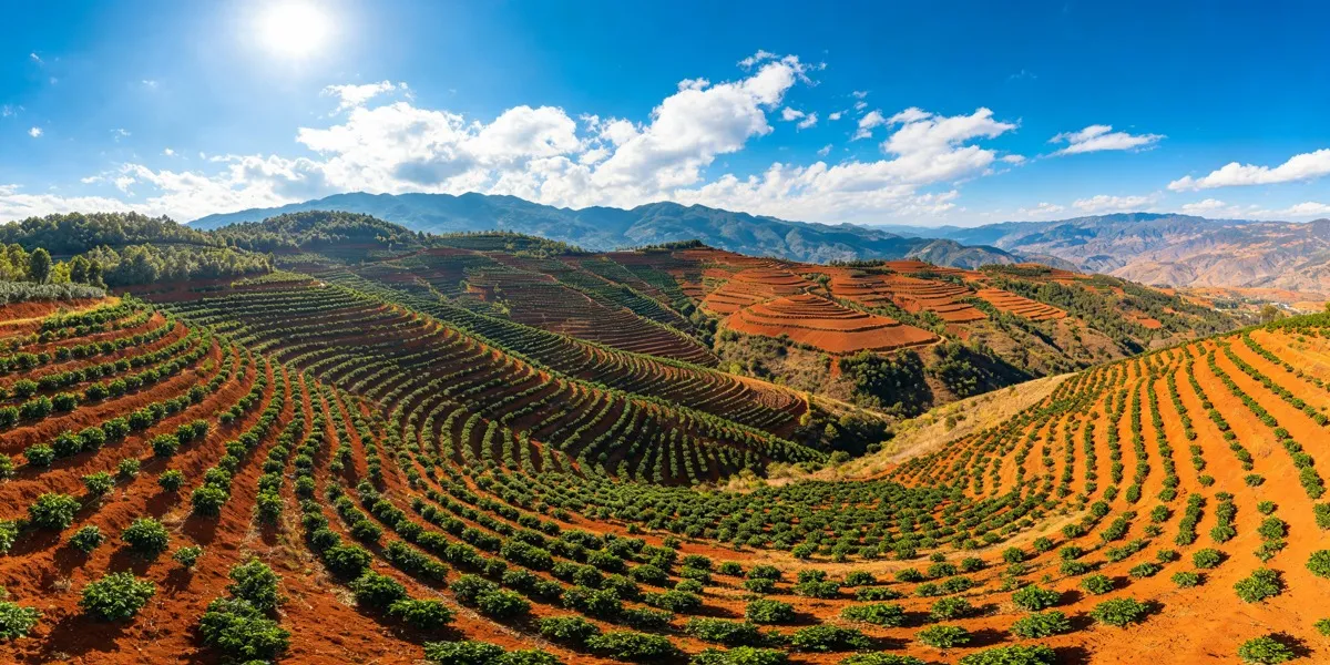 Yunnan coffee plantation terraces on red soil mountains
